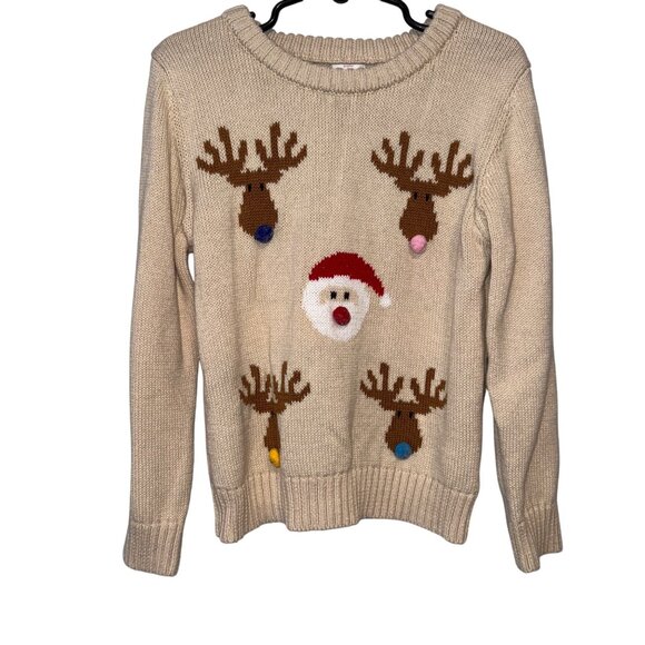 Holiday Time Beige Reindeer & Santa Knit Sweater 5T - Picture 1 of 7